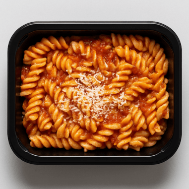 Close-up of a ready-to-eat meal in a black plastic container featuring fusilli pasta coated in a rich tomato sauce, garnished with a sprinkle of grated cheese.